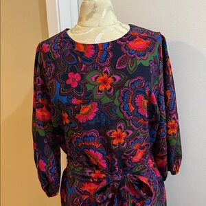 Sugarlips Vivid Floral Navy Tie Waist Lined Crew Neck Pull On Mini Dress 1X